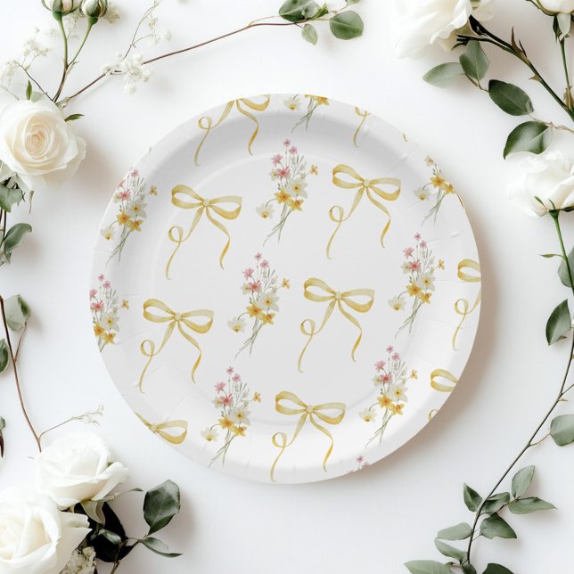 Plato De Papel Flores salvajes de verano amarillo Bow ducha bebé (Subido por el creador)
