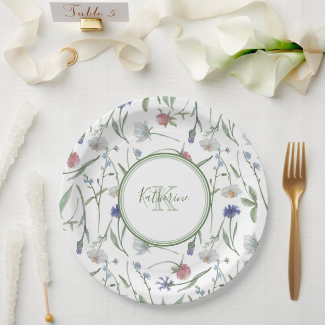 Plato De Papel Flores salvajes delgadas personalizadas (Boda)