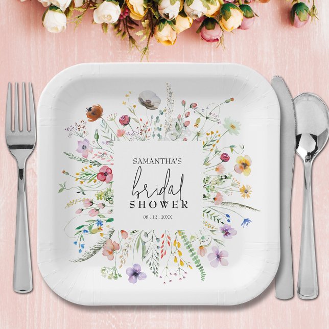 Plato De Papel Flores salvajes Ducha de novias (Wildflowers bridal shower square paper plates)
