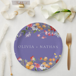 Plato De Papel Flores silvestres acuarela boda púrpura