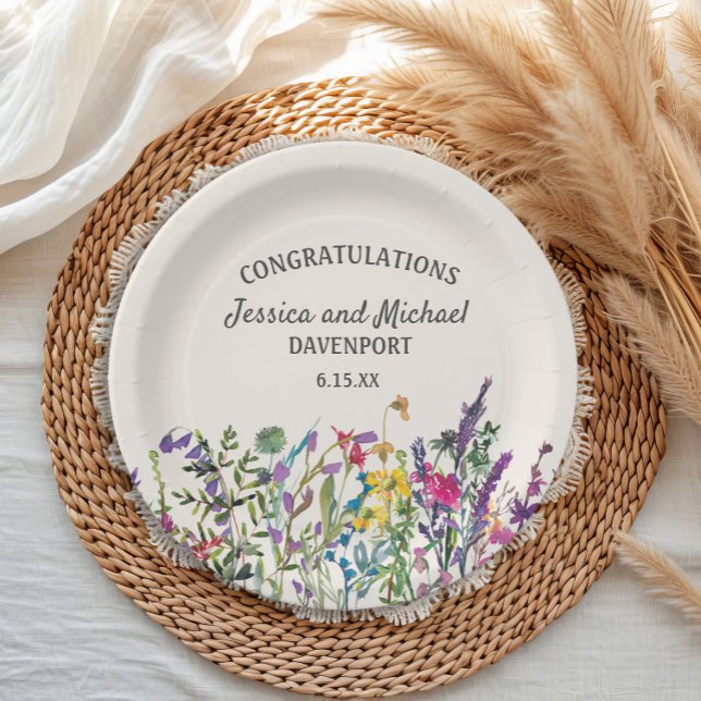 Plato De Papel Flores silvestres acuarela crema boda  (Custom watercolor wildflowers wedding/engagement paper plates)