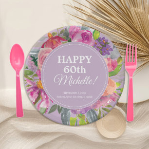 Plato De Papel Flores silvestres acuarela rosa púrpura Cumpleaños