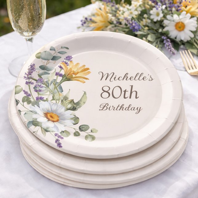 Plato De Papel Flores Silvestres Amarillas Margaritas Blancas 80  (Daisies and yellow flowers 80th birthday party paper plates)