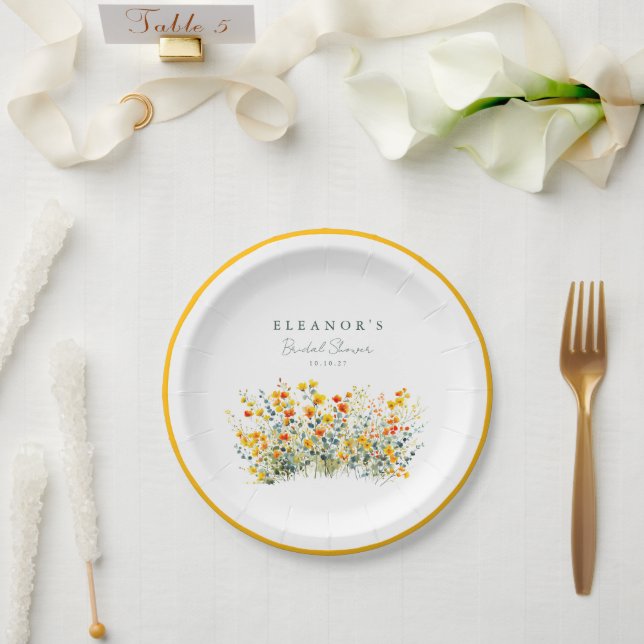 Plato De Papel Flores Silvestres Amarillas y Naranjas de Pradera  (Boda)