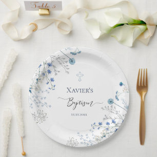 Plato De Papel flores silvestres azules Bautismo