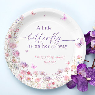 Plato De Papel Flores silvestres Baby Shower Morple Pink Butfly