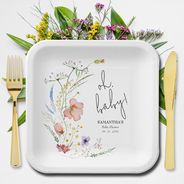 Plato De Papel Flores silvestres Baby Shower Square (Oh, Baby! Wildflowers Baby Shower Square Paper Plates)