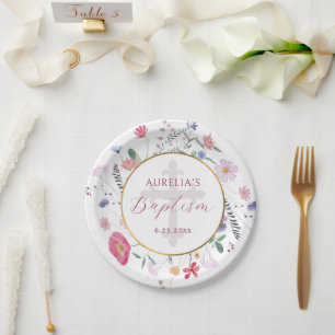 Plato De Papel Flores silvestres bautismo circular