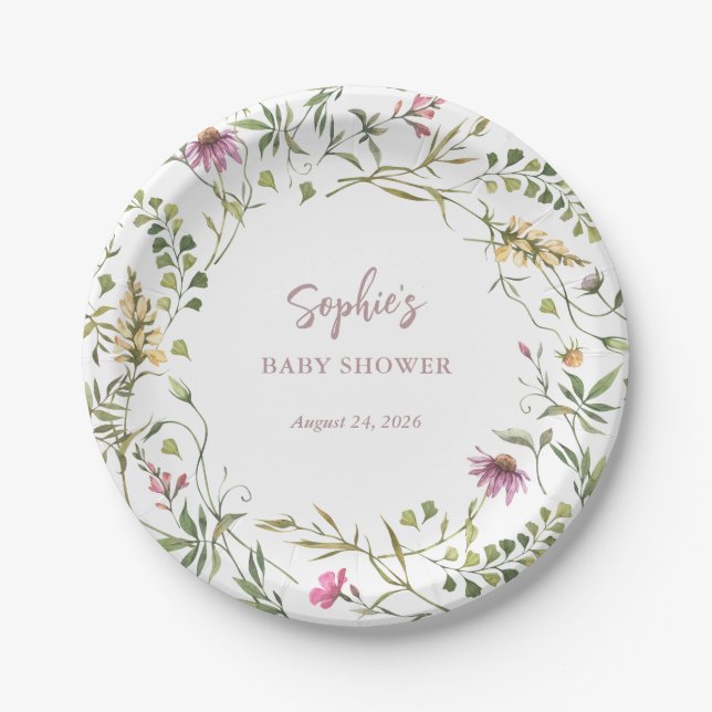 Plato De Papel Flores silvestres botánicas | Elegante Baby Shower (Anverso)