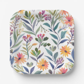 Plato De Papel Flores Silvestres Coloridas | Acuarela Floral Herm