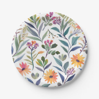 Plato De Papel Flores Silvestres Coloridas | Acuarela Floral Herm