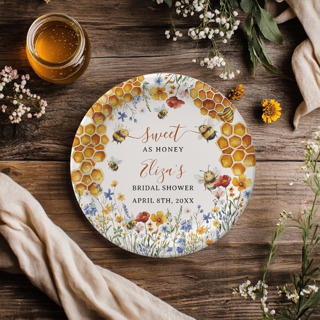 Plato De Papel Flores Silvestres de Abeja Dulce como la Miel Desp (Sweet As Honey Bee Wildflowers Chic Bridal Shower Paper Plates)
