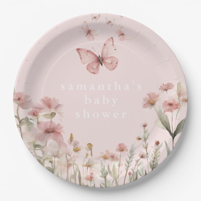 Plato De Papel Flores silvestres de flor rosa de mariposa chica d (Anverso)
