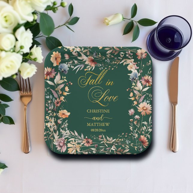 Plato De Papel Flores silvestres doradas 'Enamorarse' Boda elegan (Subido por el creador)