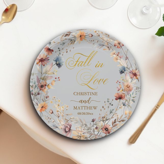 Plato De Papel Flores silvestres doradas 'Enamorarse' Boda elegan (Subido por el creador)