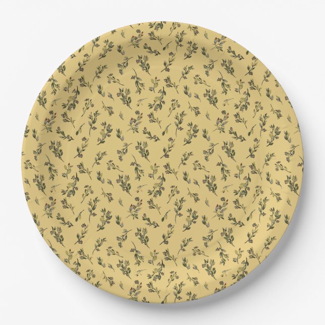 Plato De Papel Flores silvestres esparcidas sobre amarillo junqui (Anverso)