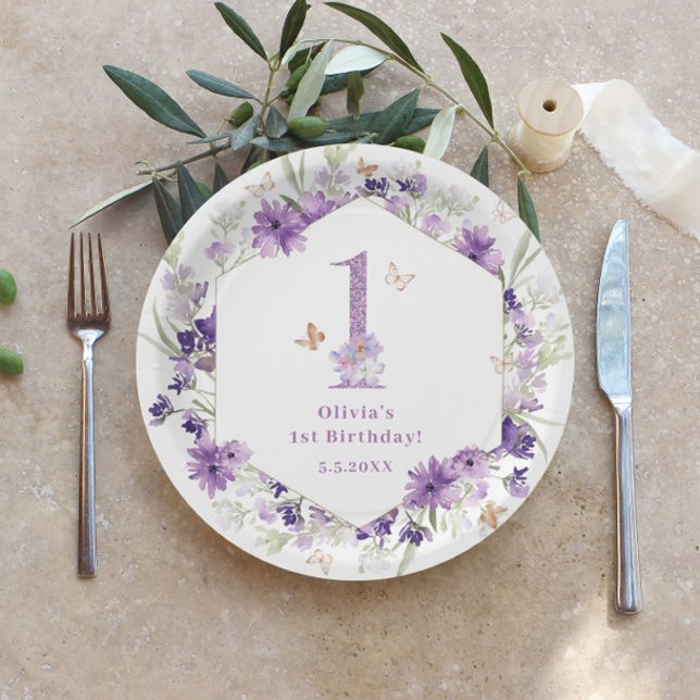 Plato De Papel Flores silvestres mariposa morada fiesta de primer (Subido por el creador)