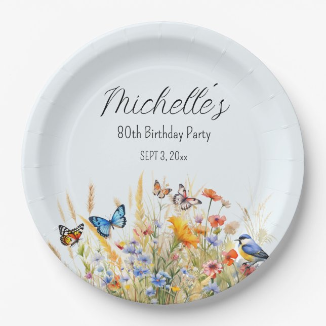 Plato De Papel Flores silvestres Mariposas Sorprende 80 cumpleaño (Anverso)
