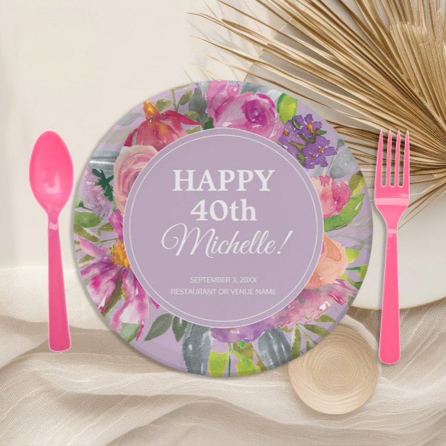 Plato De Papel Flores Silvestres Morado Rosa Cumpleaños 40 (Elegant pink and purple watercolor floral 40th birthday party paper plates)