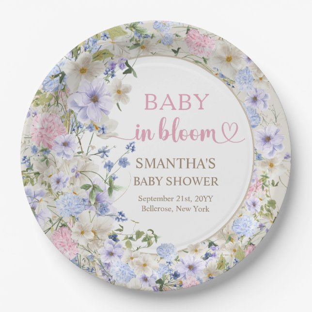 Plato De Papel Flores silvestres pastel elegantes y suaves azul r (Anverso)