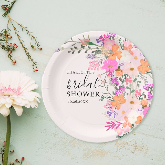 Plato De Papel Flores silvestres pastel románticas ducha de novia (Romantic pastel wild flowers spring bridal shower paper plates)