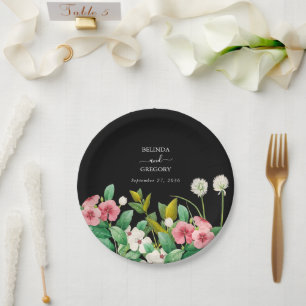 Plato De Papel Flores silvestres Periwinkle Watercolor Negro Boda