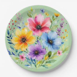 Plato De Papel Flores silvestres pintadas a la acuarela