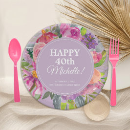 Plato De Papel Flores silvestres Púrpura Rosa 40 cumpleaños