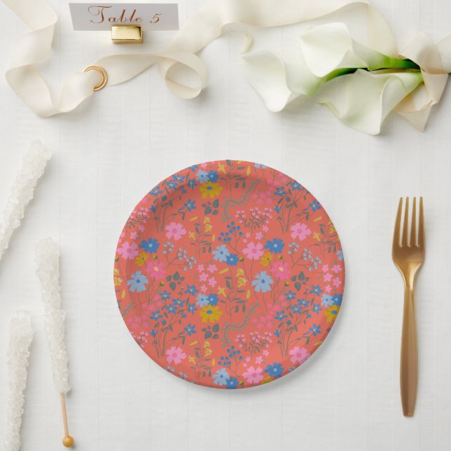 Plato De Papel Flores silvestres rojas modernas Boho (Boda)