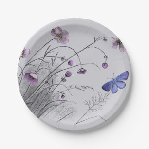 Plato De Papel Flores silvestres y mariposa