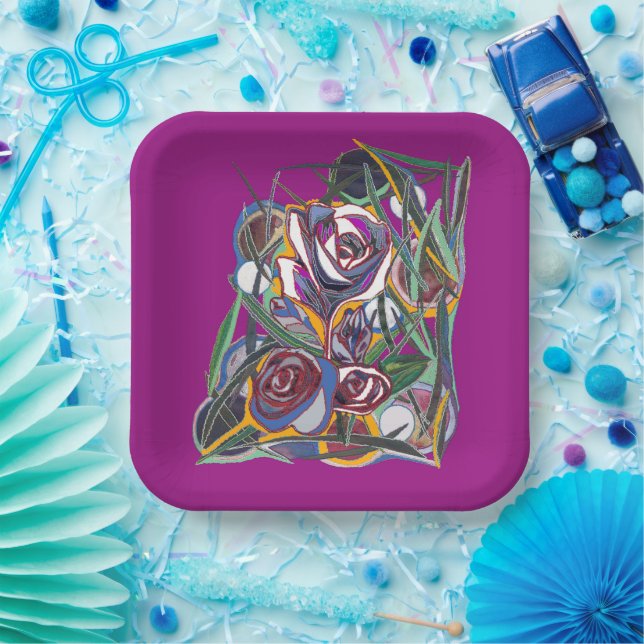 Plato De Papel Flores , sobre un fondo morado (Fiesta)