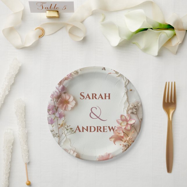Plato De Papel Flores suaves de color rosa (Boda)