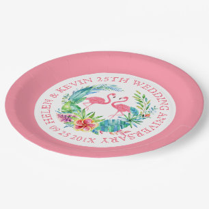 Plato De Papel Flores tropicales cortaban flamencos rosados