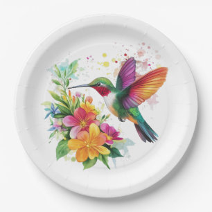 Plato De Papel Flores tropicales de colibrí