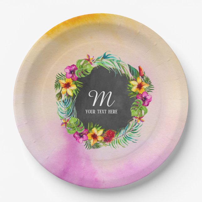 Plato De Papel Flores tropicales de verano Hibiscus Monograma (Anverso)