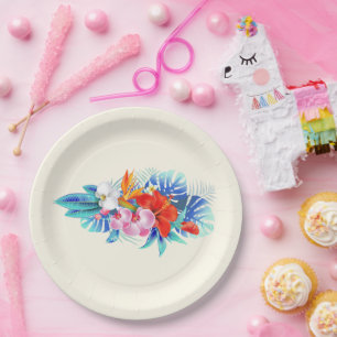 Plato De Papel Flores tropicales exóticas en rosa y turquesa