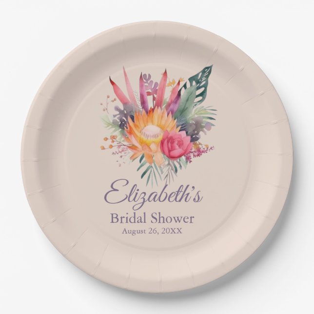 Plato De Papel Flores tropicales Peach Fuzz Bridal Shower (Anverso)