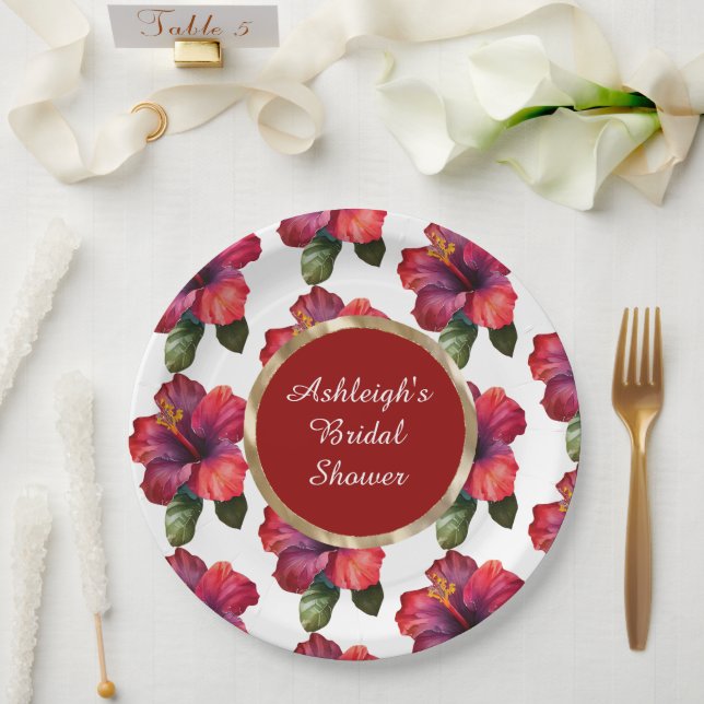 Plato De Papel Flores tropicales rojas hibiscus, ducha de novia (Boda)