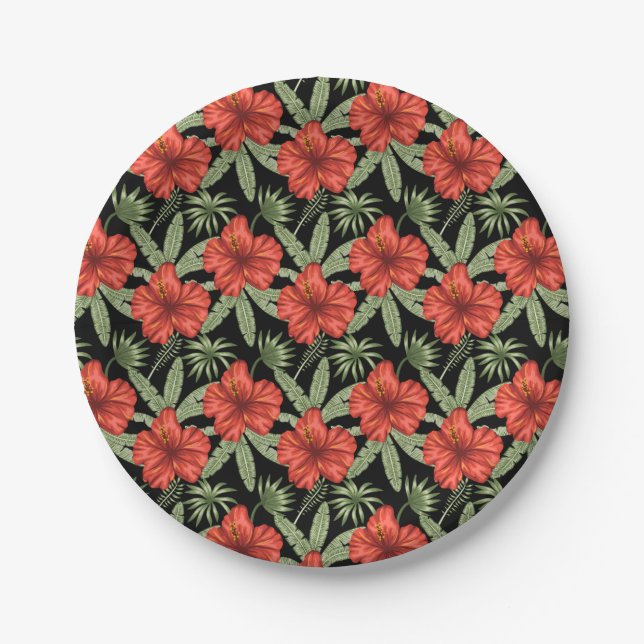 Plato De Papel Flores tropicales rojas patrón de hojas verdes sin (Anverso)