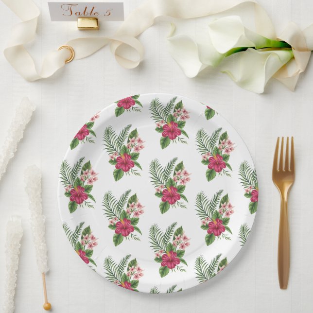 Plato De Papel Flores Tropicales Rosadas para Despedida de Solter (Boda)
