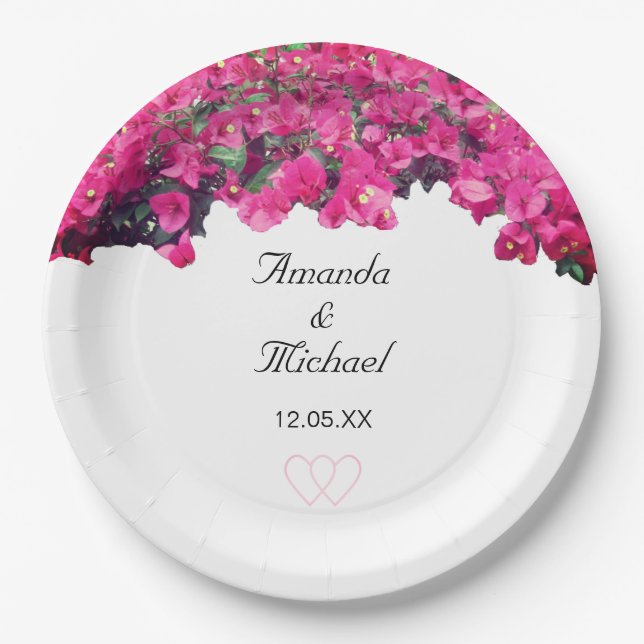 Plato De Papel Flores tropicales y corazones de boda (Anverso)
