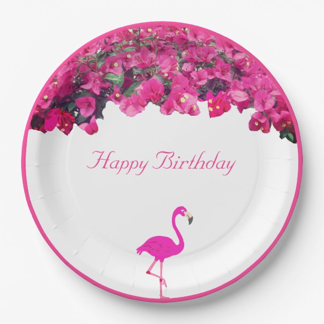 Plato De Papel Flores tropicales y flamingo Cumpleaños (Anverso)