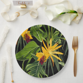 Plato De Papel Flores tropicales y hojas de palma en verano.