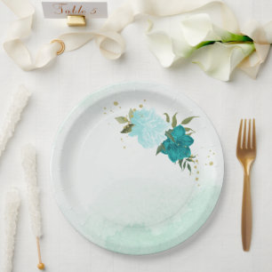 Plato De Papel flores turquesa hojas verdes boda