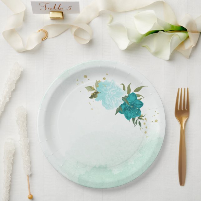 Plato De Papel flores turquesa hojas verdes boda (Boda)