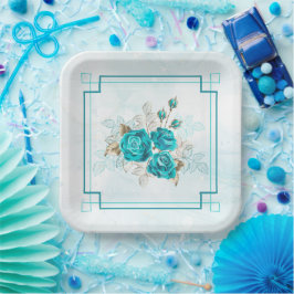 Plato De Papel Flores turquesa Placas de papel Fiesta