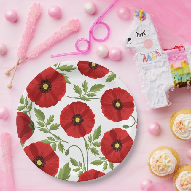 Plato De Papel Flores veraniegas alegres con adormidera (Fiesta)