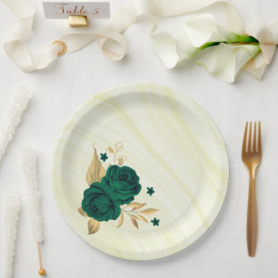 Plato De Papel flores verde esmeralda hojas doradas mármol