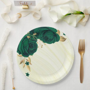 Plato De Papel flores verde esmeralda hojas doradas mármol