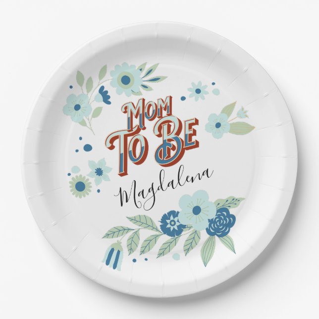 Plato De Papel Flores verdes azul turquesa que mamá será (Anverso)
